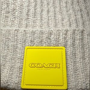 Coach Beige Knit Beanie with Vibrant Yellow Patch